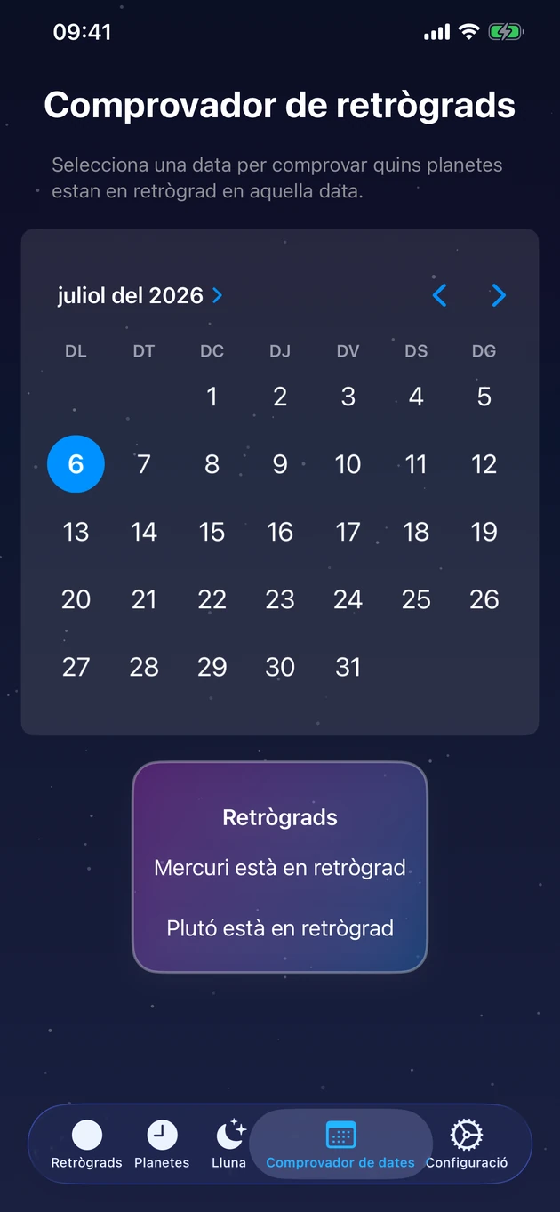 Tria un dia i mira a l'instant quins planetes són retrògrads.