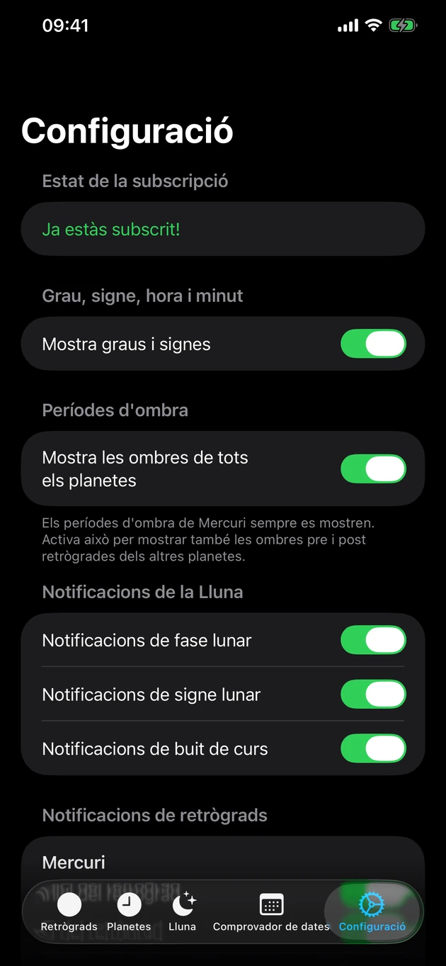 Rep avís quan un retrògrad comença o acaba — i en els canvis de la Lluna.
