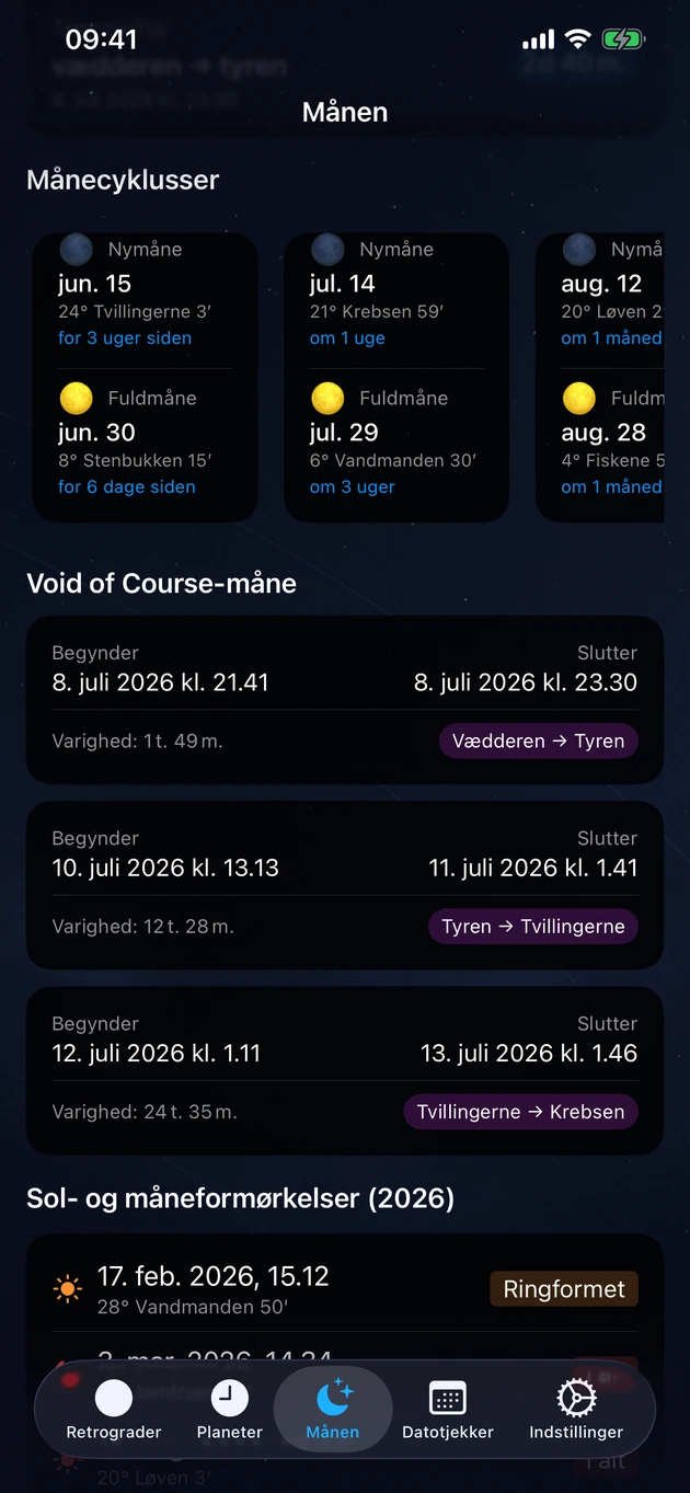 Ny- og fuldmåner, void of course-perioder og årets formørkelser.