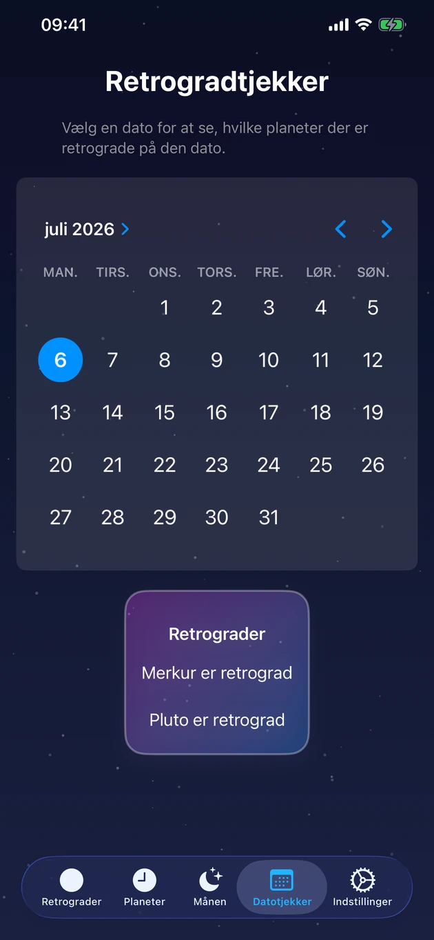Vælg en dag og se straks, hvilke planeter er retrograde.