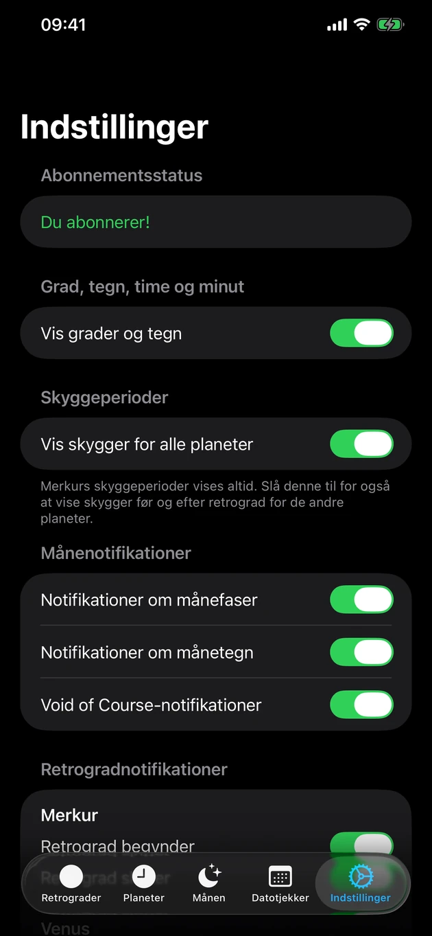 Få besked, når en retrograd starter eller slutter — og ved måneskift.