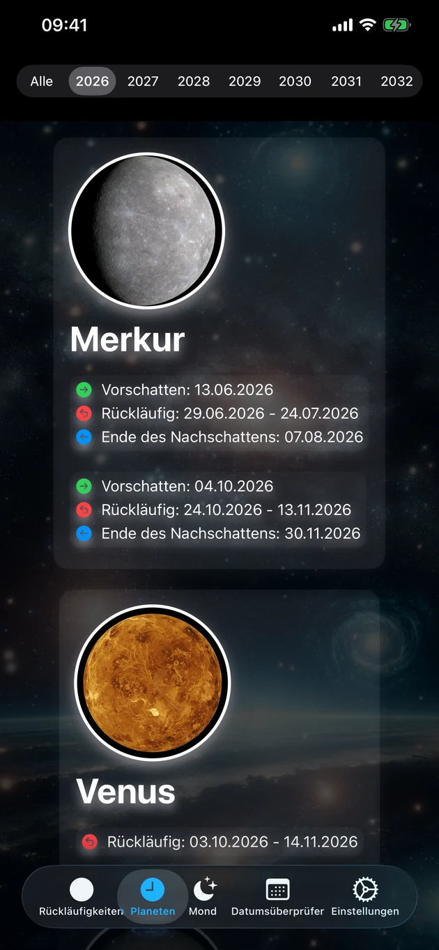 Rückläufe und Schattenphasen jedes Planeten, Jahrzehnte im Voraus.