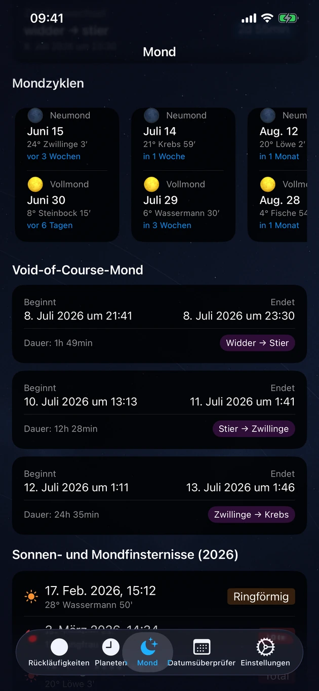 Neu- und Vollmonde, Leerlauf-Phasen und die Finsternisse des Jahres.