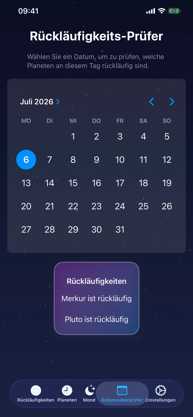 Wähle einen Tag und sieh sofort, welche Planeten rückläufig sind.