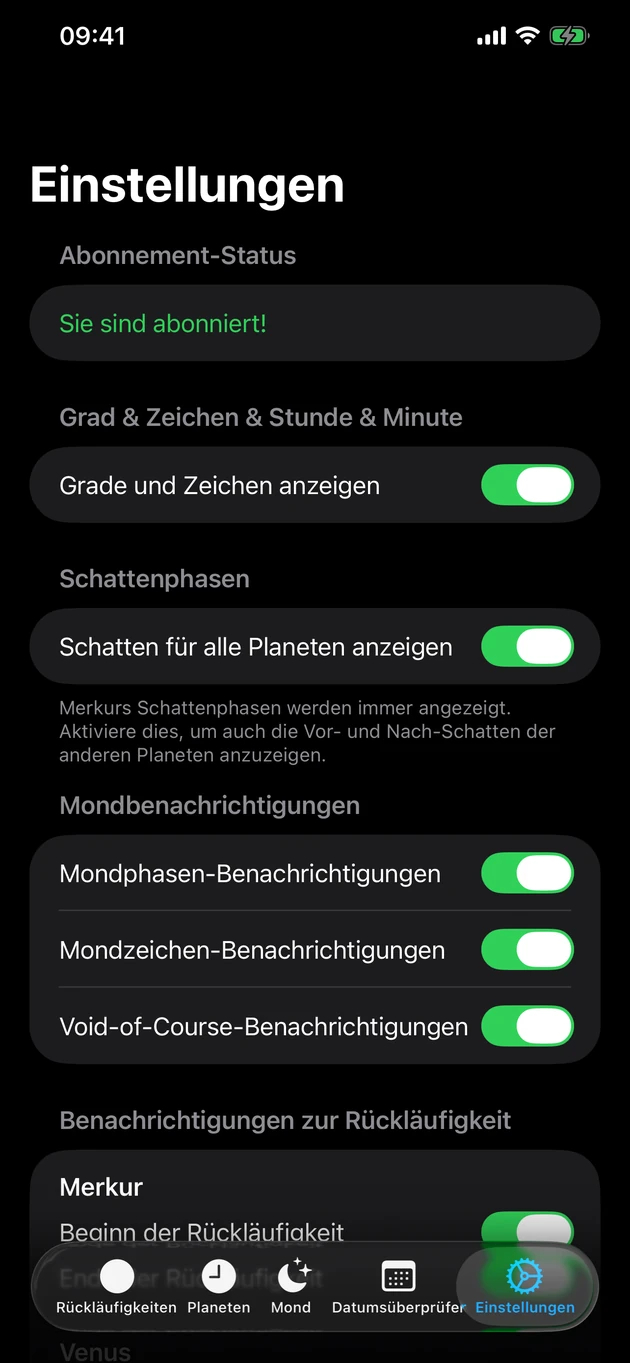 Erfahre sofort, wenn ein Rücklauf beginnt oder endet — und bei Mondwechseln.