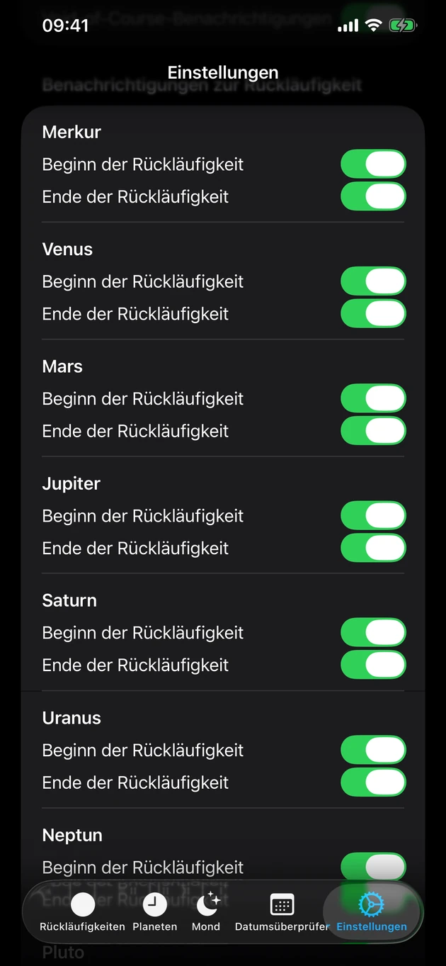 Aktiviere Start- und Ende-Benachrichtigungen für die Planeten deiner Wahl.