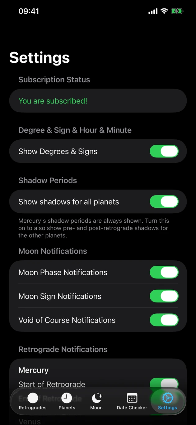 Be notified the moment a retrograde begins or ends — and on Moon changes.