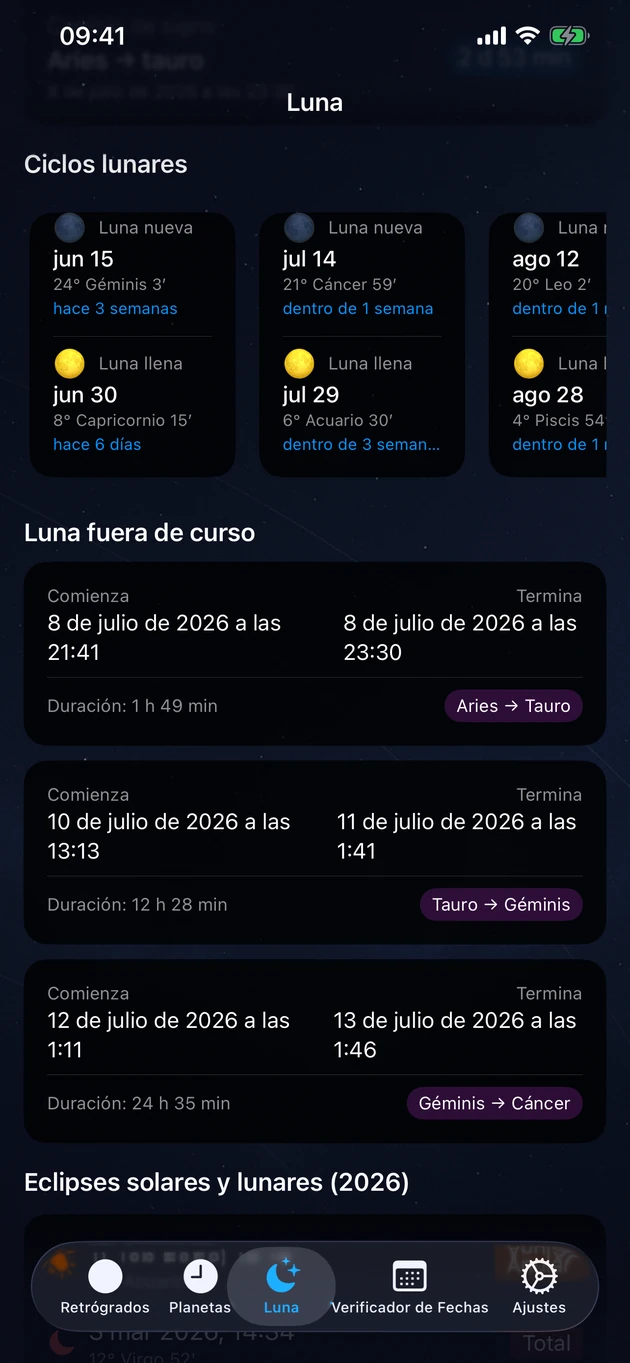 Lunas nuevas y llenas, vacía de curso y los eclipses del año.