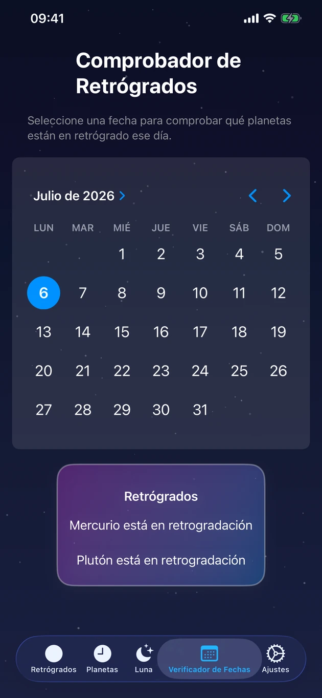 Elige un día y ve al instante qué planetas están retrógrados.