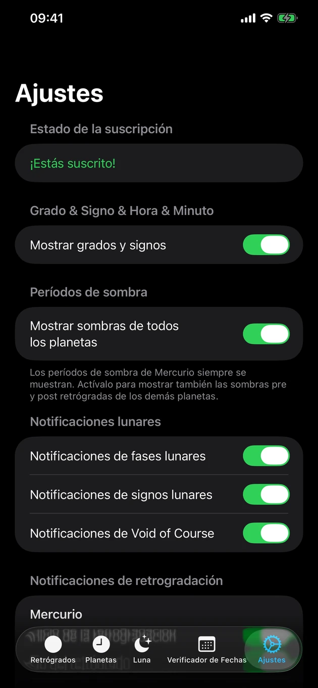 Recibe aviso cuando una retro empieza o termina — y en cambios lunares.