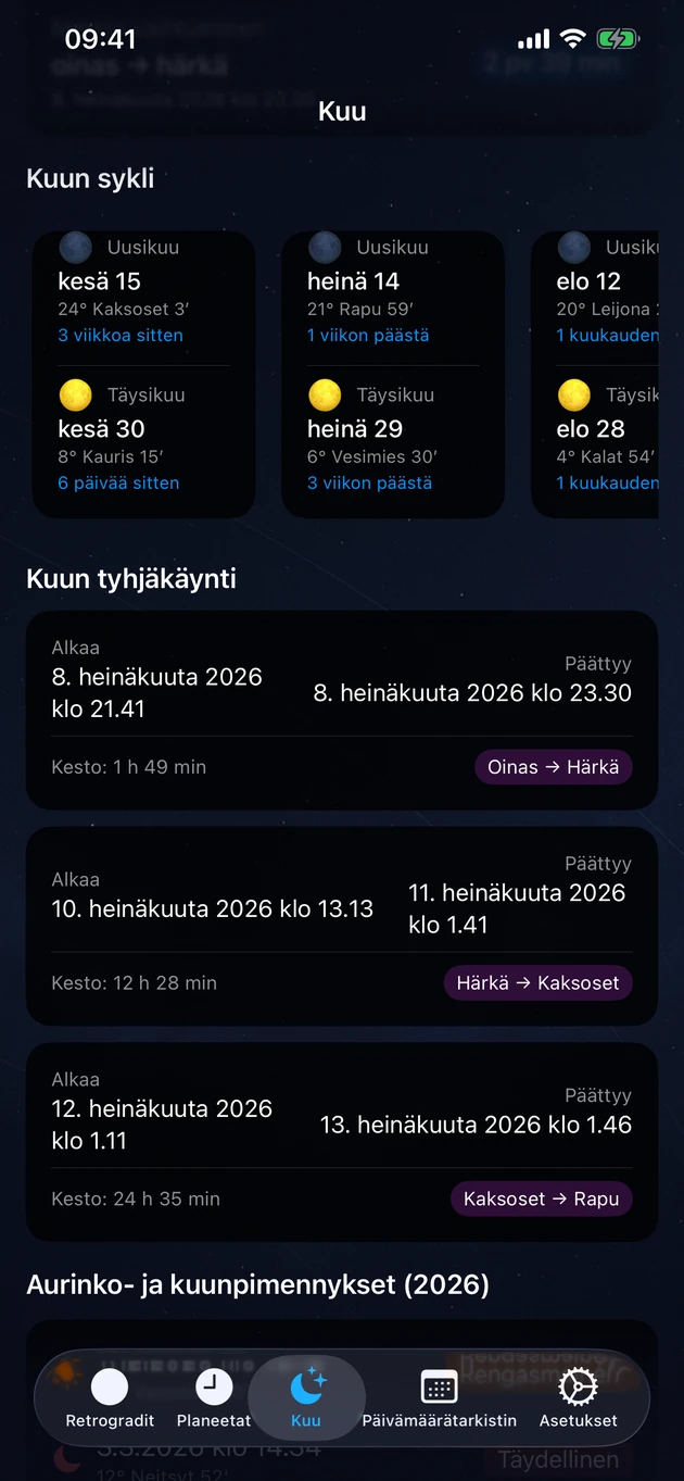 Uudet ja täydet kuut, tyhjäkäyntijaksot ja vuoden pimennykset.