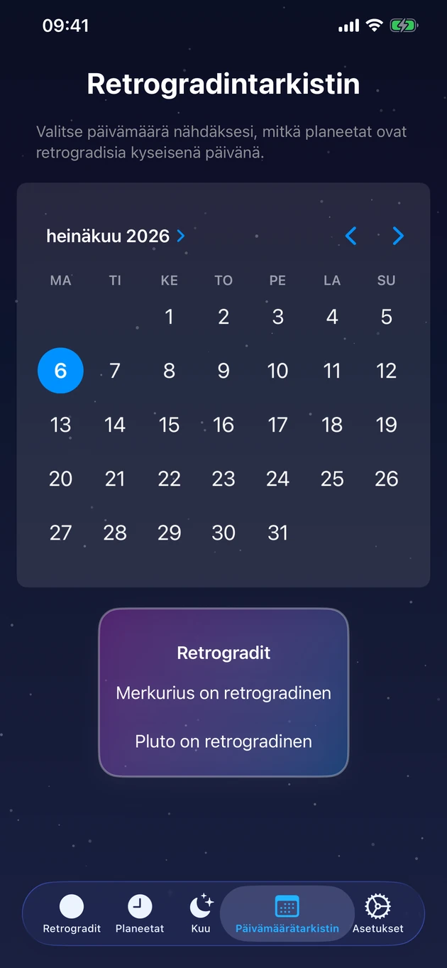 Valitse päivä ja näe heti, mitkä planeetat ovat retrogradissa.