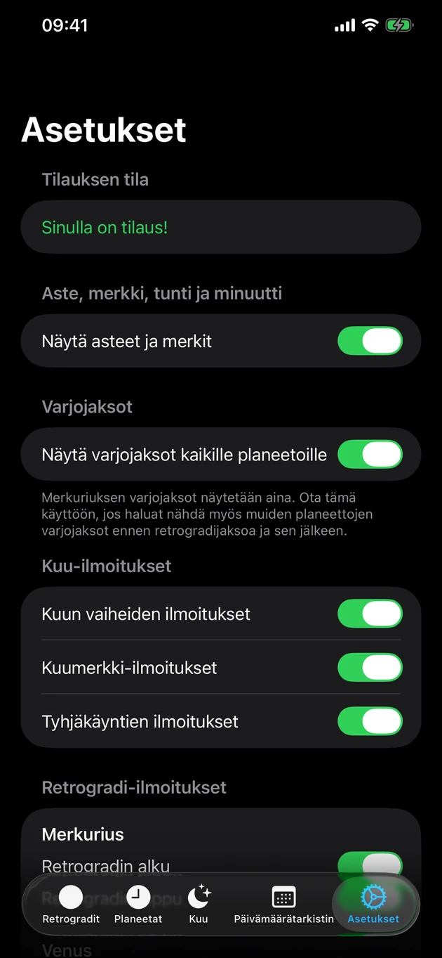 Saat ilmoituksen, kun retrogradi alkaa tai päättyy — ja Kuun vaihteista.