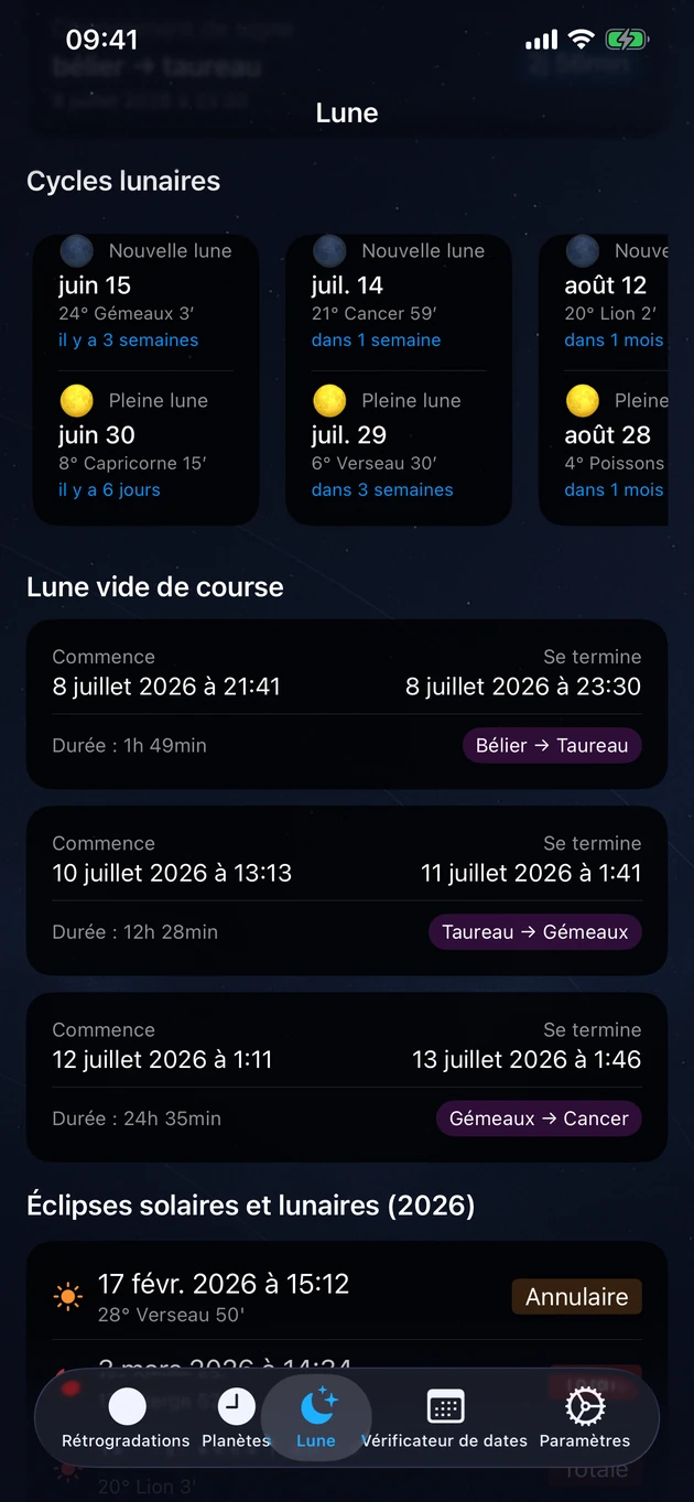 Nouvelles et pleines lunes, périodes de vide de course et éclipses de l'année.