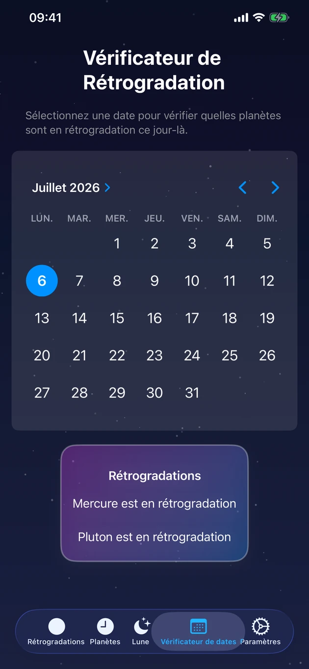 Choisissez un jour et voyez aussitôt quelles planètes sont rétrogrades.