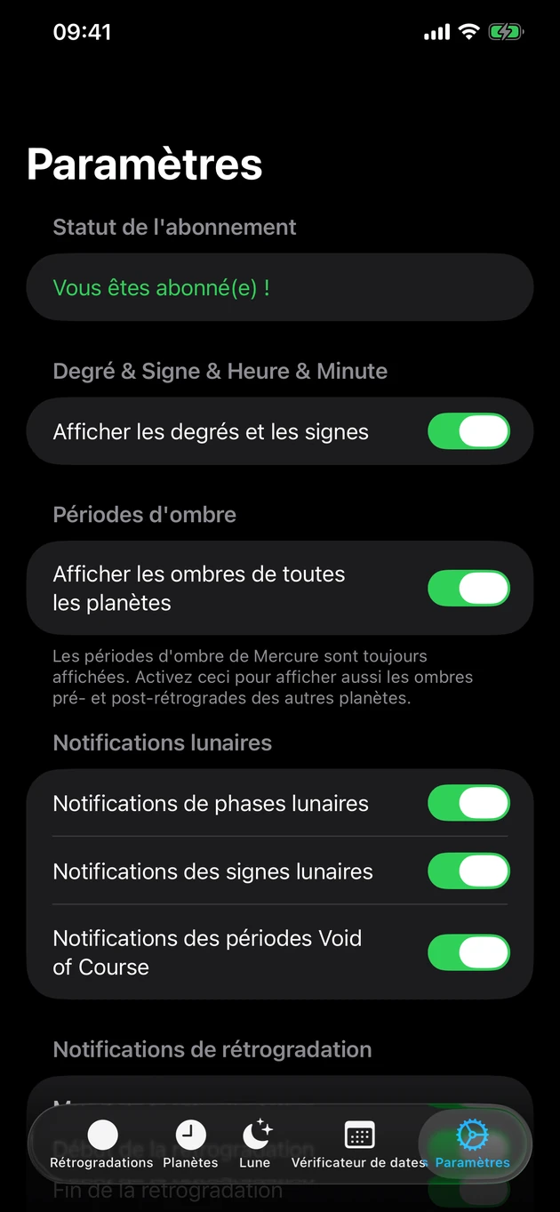Soyez averti dès qu'une rétrogradation débute ou finit — et aux phases lunaires.