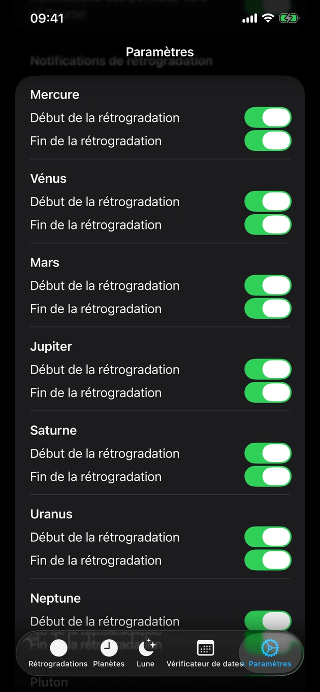 Activez les alertes de début et de fin pour les planètes de votre choix.