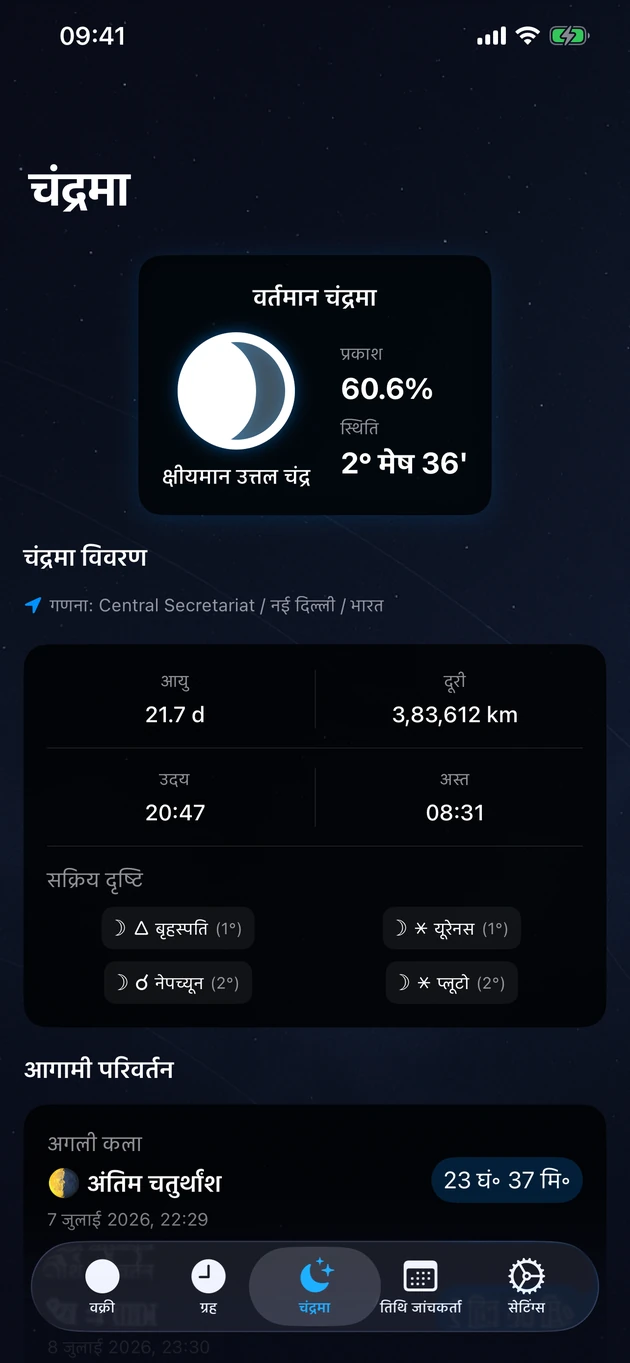 कला, राशि, रोशनी, उदय व अस्त — आपके सटीक स्थान के लिए।