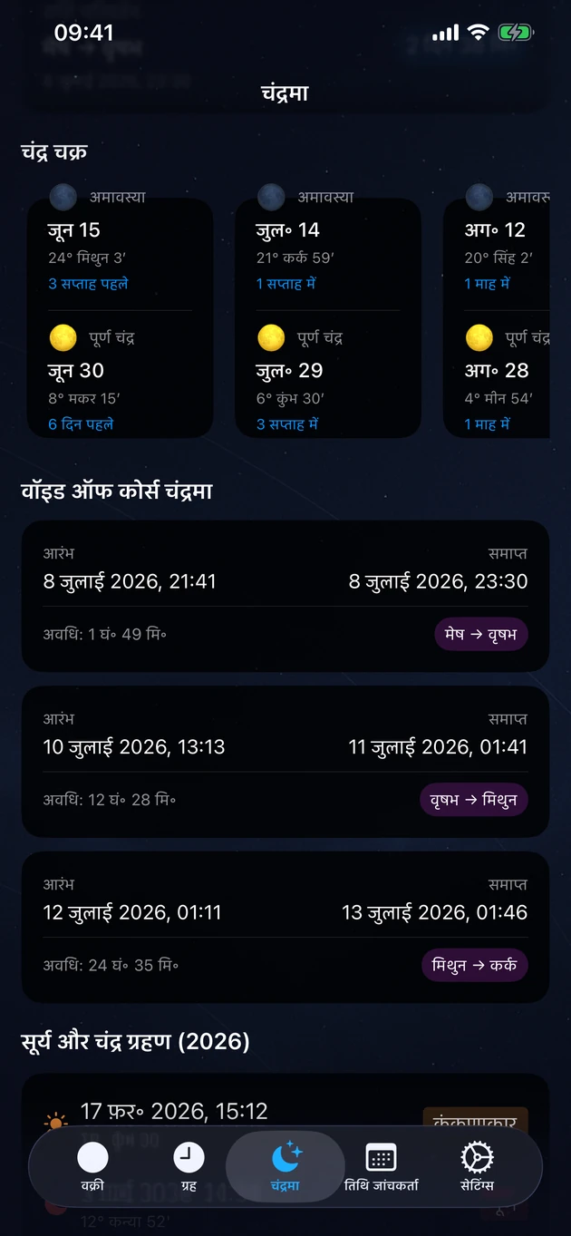 अमावस्या व पूर्णिमा, वॉइड ऑफ कोर्स अवधि, और वर्ष के ग्रहण।