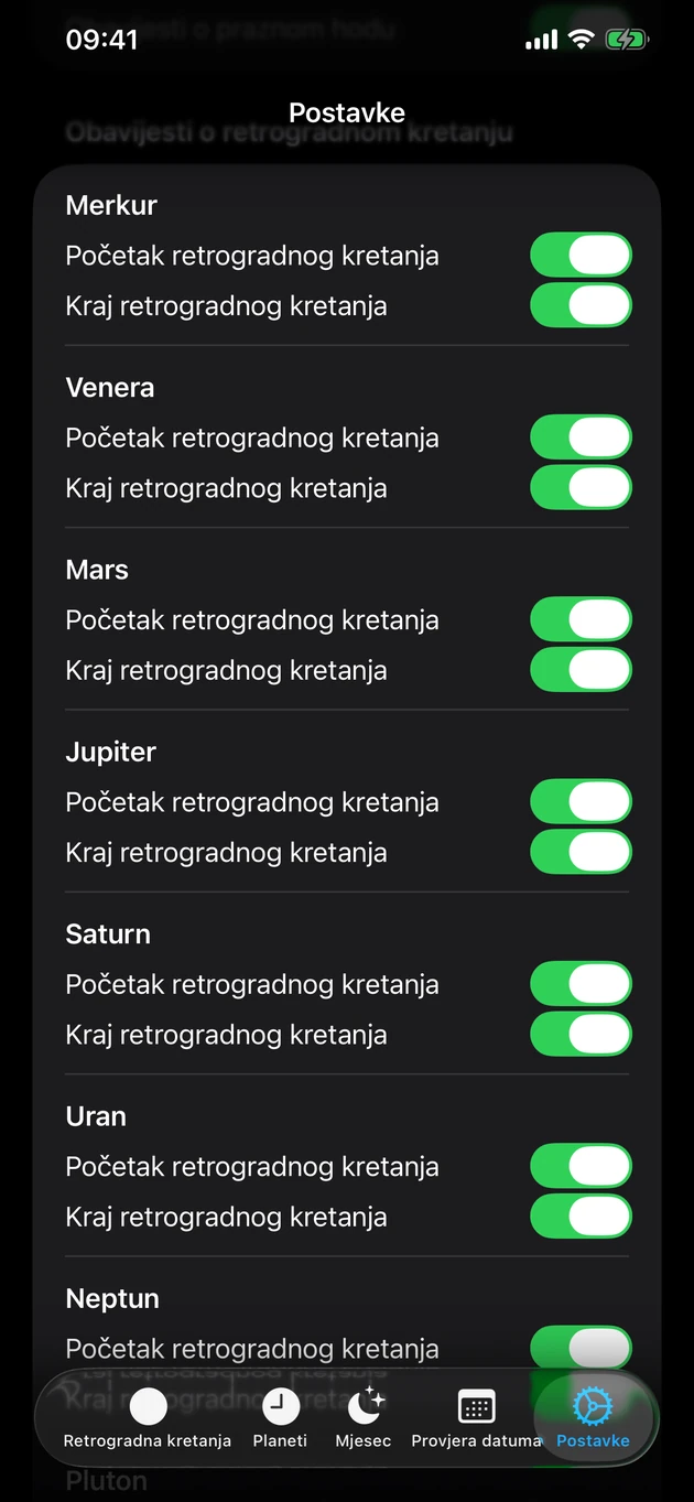Uključite obavijesti o početku i kraju retrograda za planete koje odaberete.