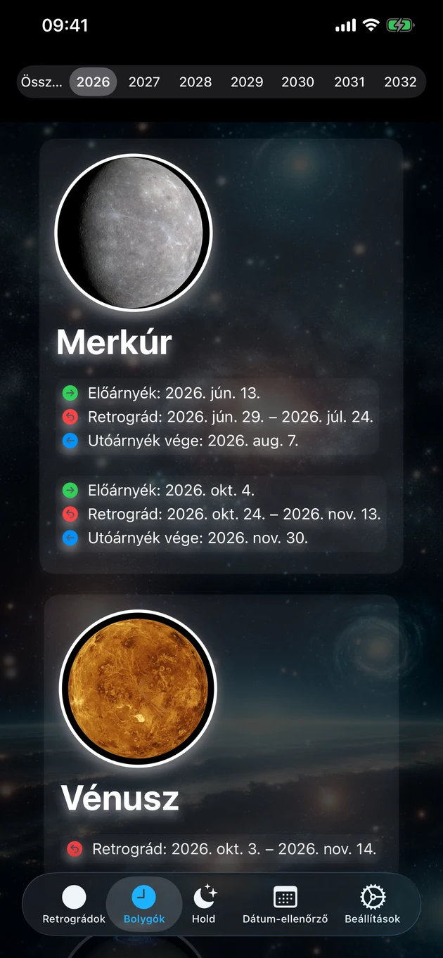 Retrográd és árnyék időszakok minden bolygóhoz, évtizedekre előre.