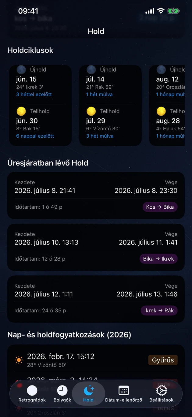 Új- és teliholdak, üresjárati időszakok és az év fogyatkozásai.