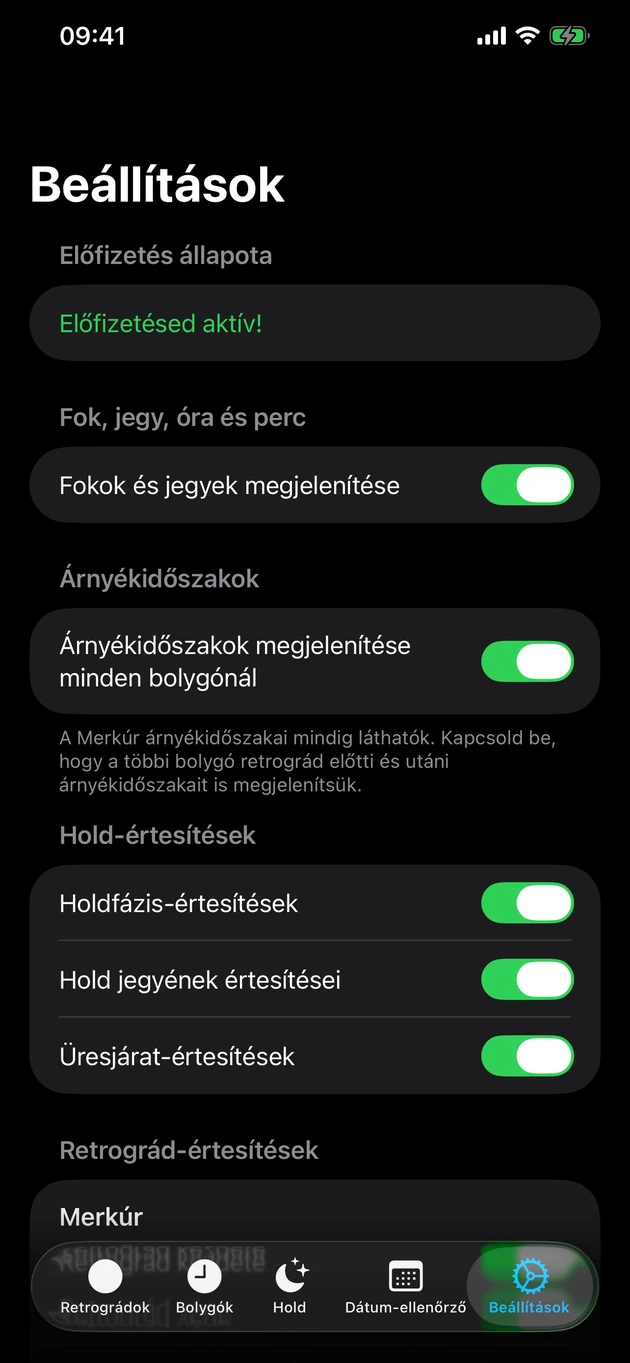 Értesülj, mikor egy retrográd kezdődik vagy zárul — és a Hold változásainál.