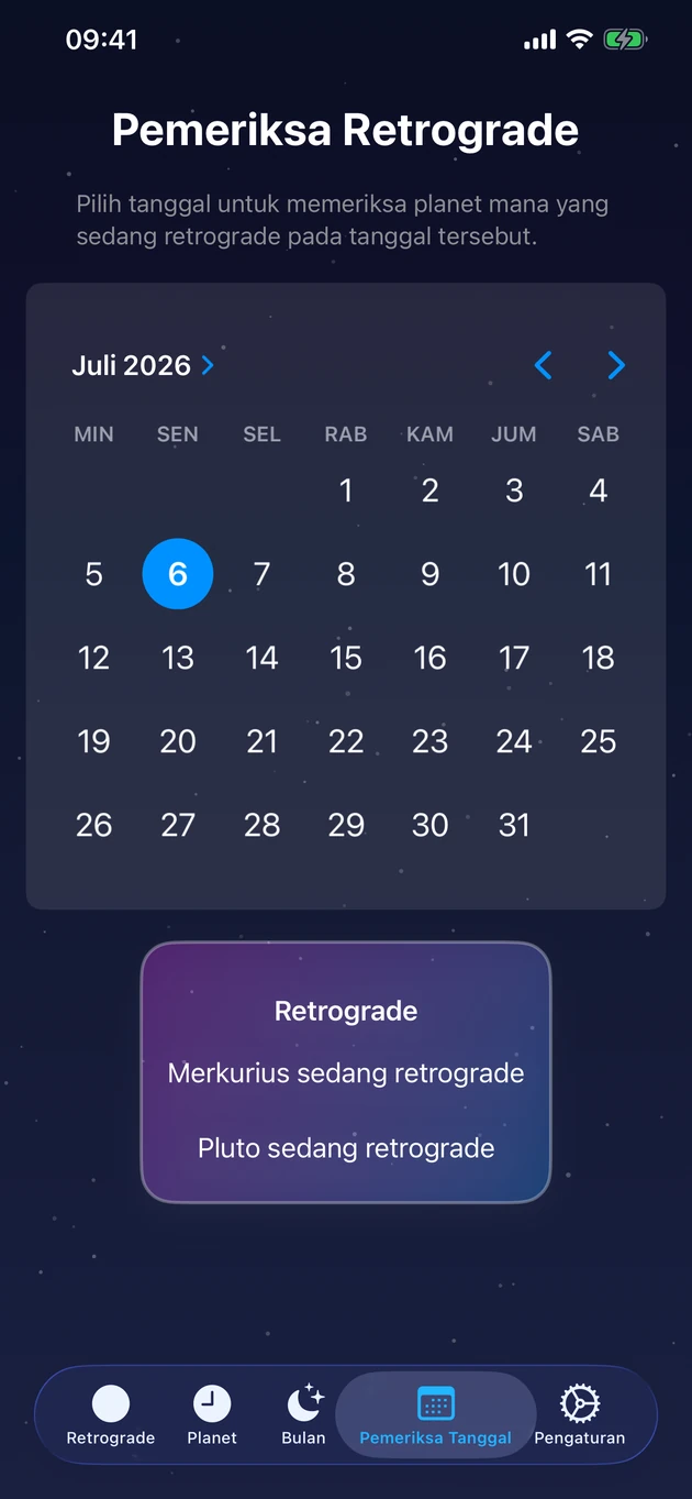 Pilih hari dan lihat seketika planet mana yang retrograd.