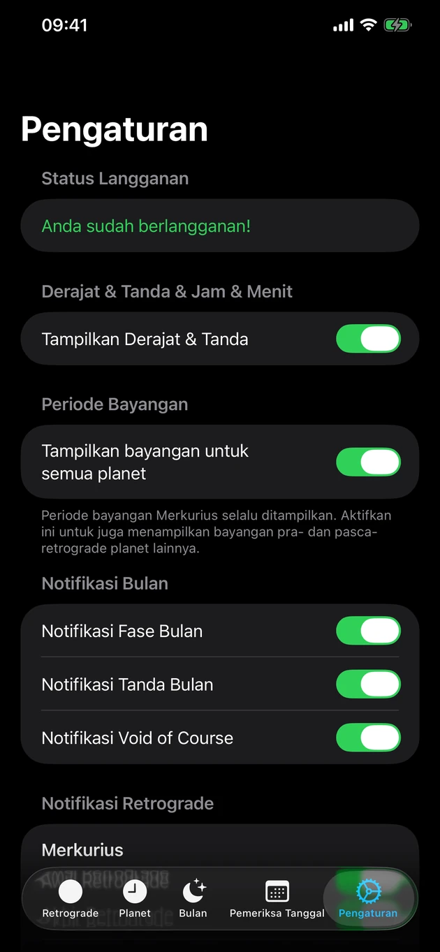 Diberi tahu begitu retrograd mulai atau berakhir — juga fase Bulan.