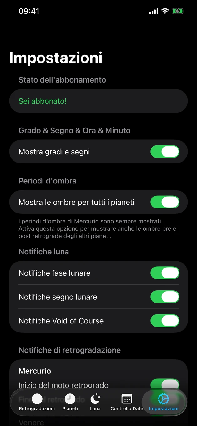 Ti avvisa quando una retro inizia o finisce, e alle fasi lunari.