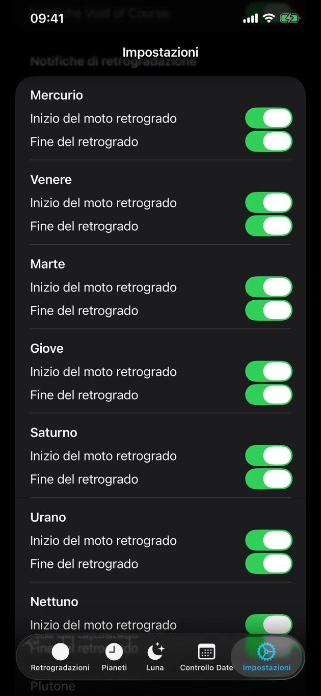 Attiva le notifiche di inizio e fine per i pianeti che scegli.