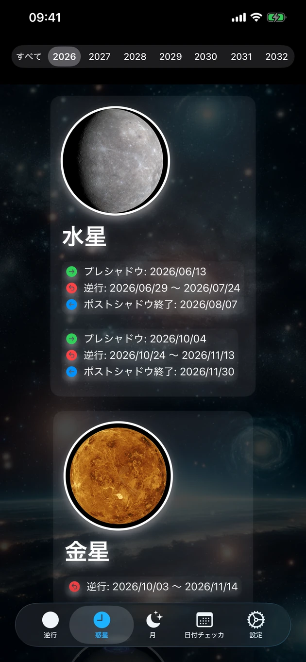 すべての惑星の逆行とシャドウ期間を、数十年先まで。