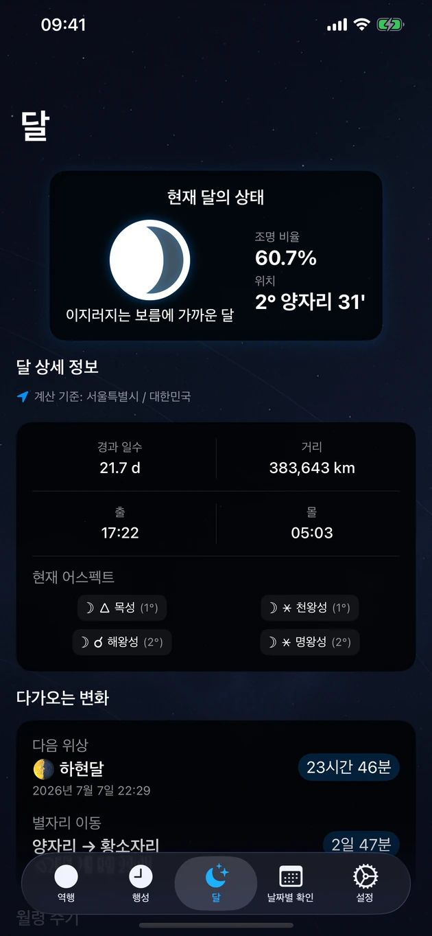 위상, 별자리, 조도, 월출·월몰 — 내 위치 그대로.