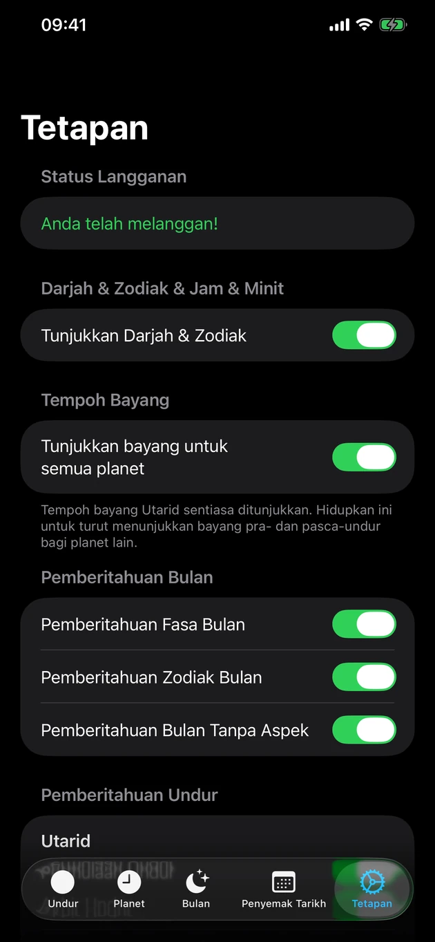 Dimaklumkan sebaik undur bermula atau tamat — juga fasa Bulan.