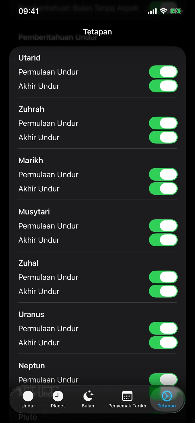 Hidupkan notifikasi mula dan tamat untuk planet pilihan anda.