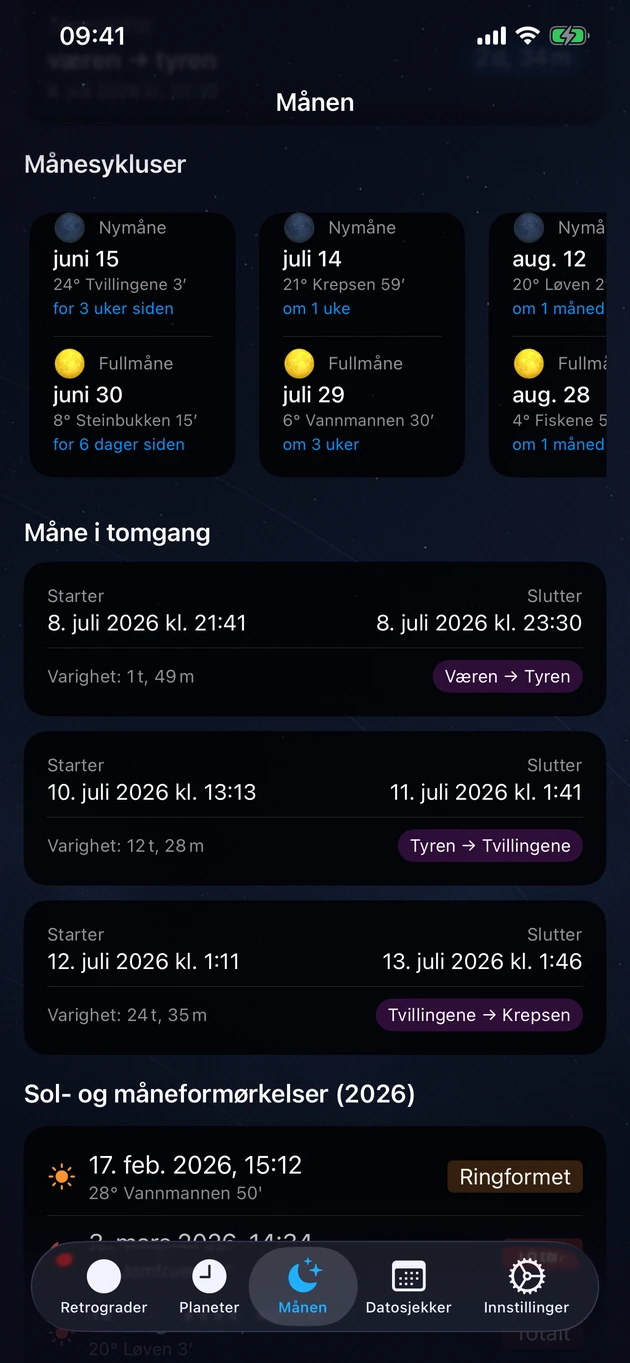 Ny- og fullmåner, tomgangsperioder og årets formørkelser.