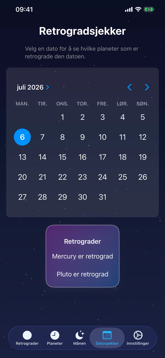 Velg en dag og se straks hvilke planeter som er retrograde.