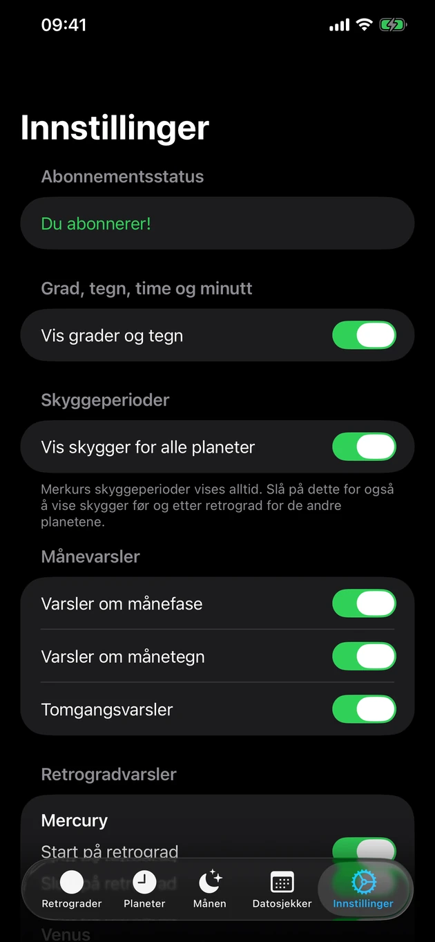 Få beskjed når en retrograd starter eller slutter — og ved månebytter.