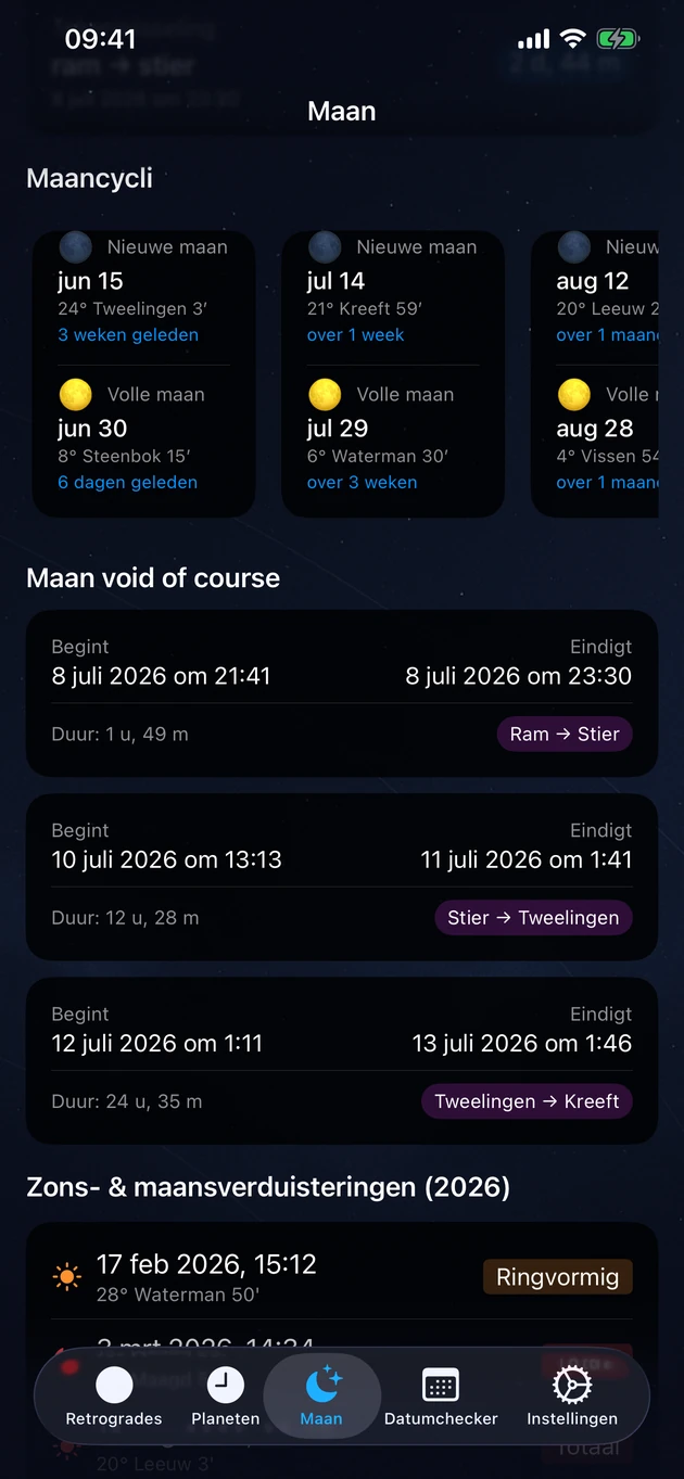 Nieuwe en volle manen, void-of-course-periodes en de eclipsen.