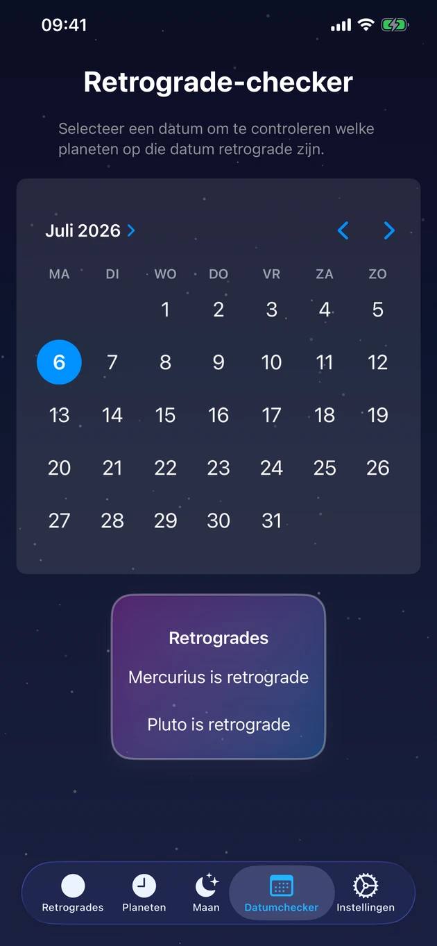 Kies een dag en zie meteen welke planeten retrograde zijn.