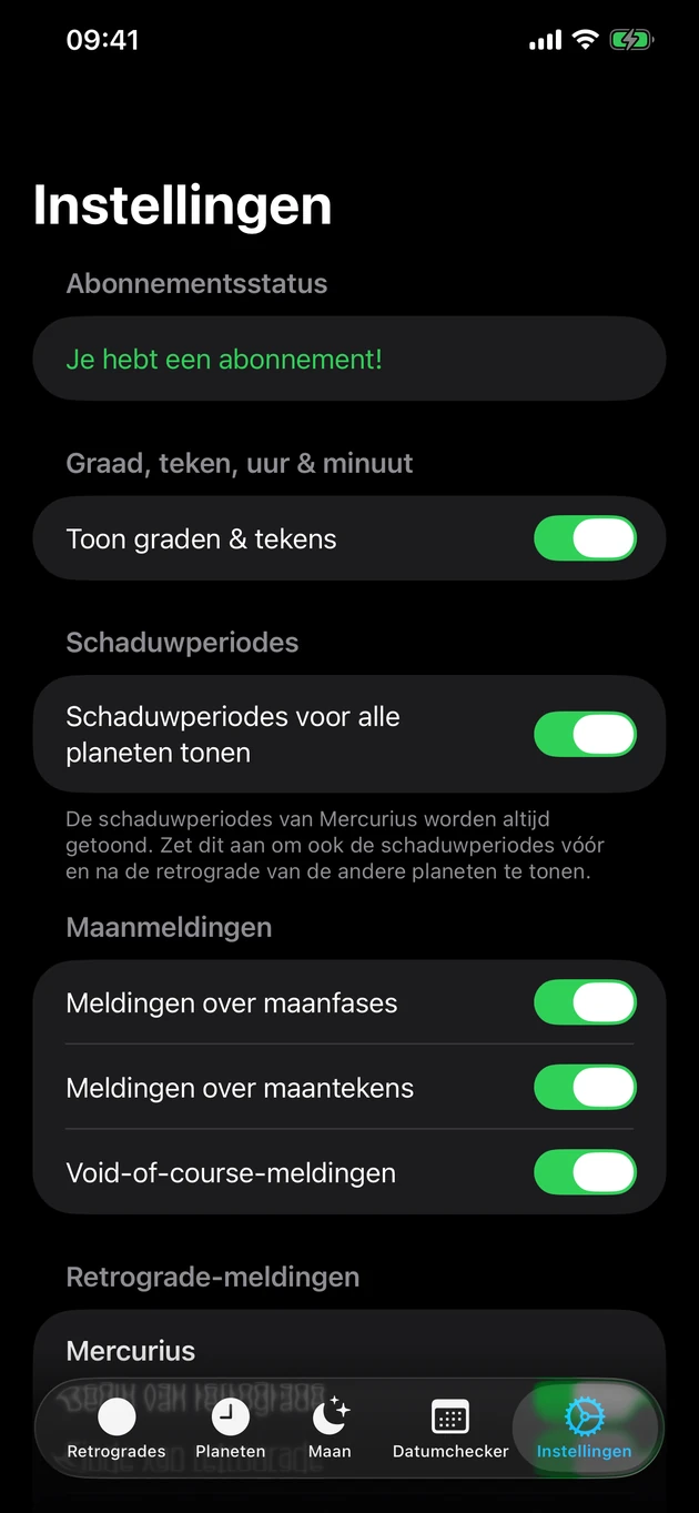 Weet meteen wanneer een retrograde begint of eindigt — en bij maanfases.
