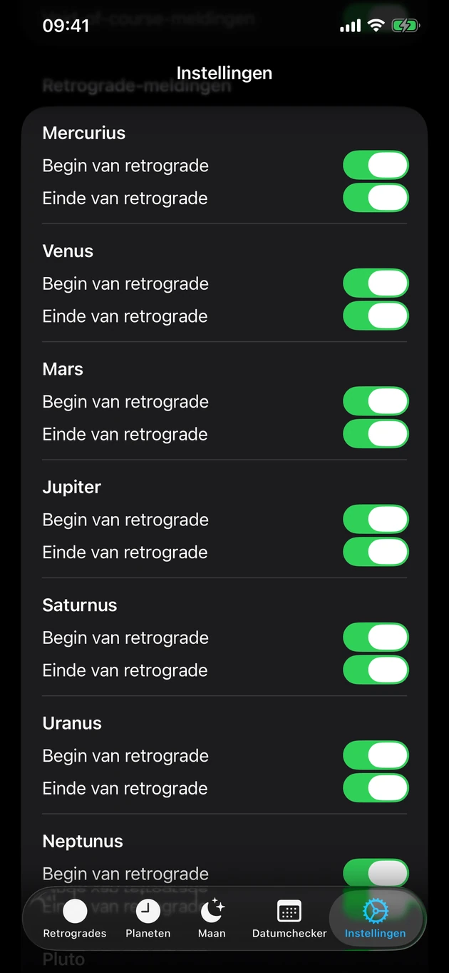 Zet start- en eindmeldingen aan voor de planeten die je kiest.