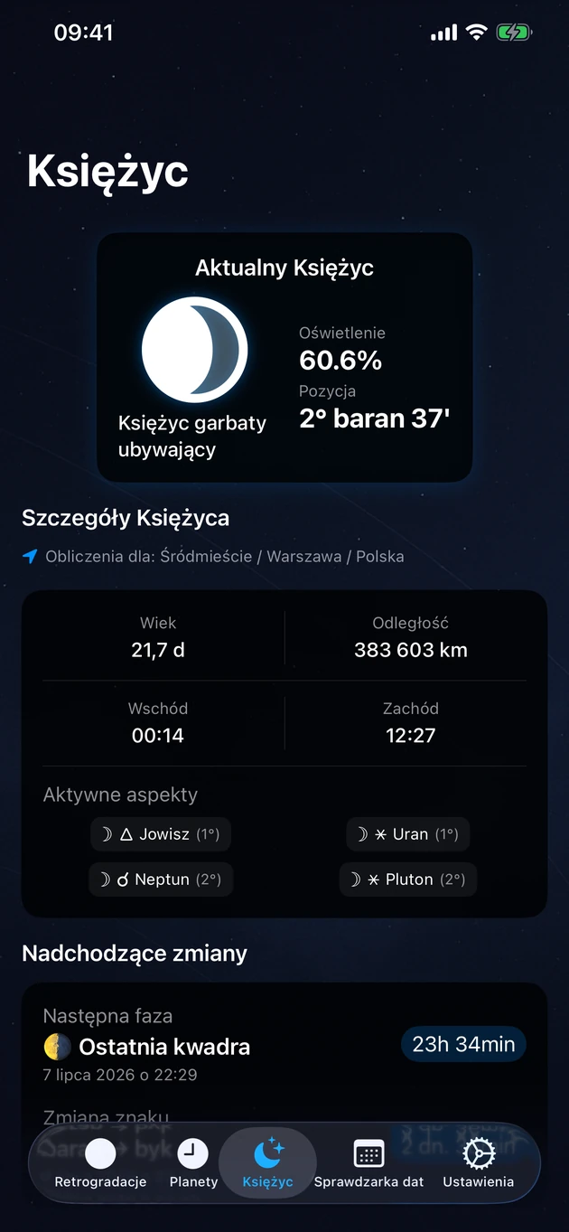 Faza, znak, oświetlenie oraz wschód i zachód — dla Twojego miejsca.