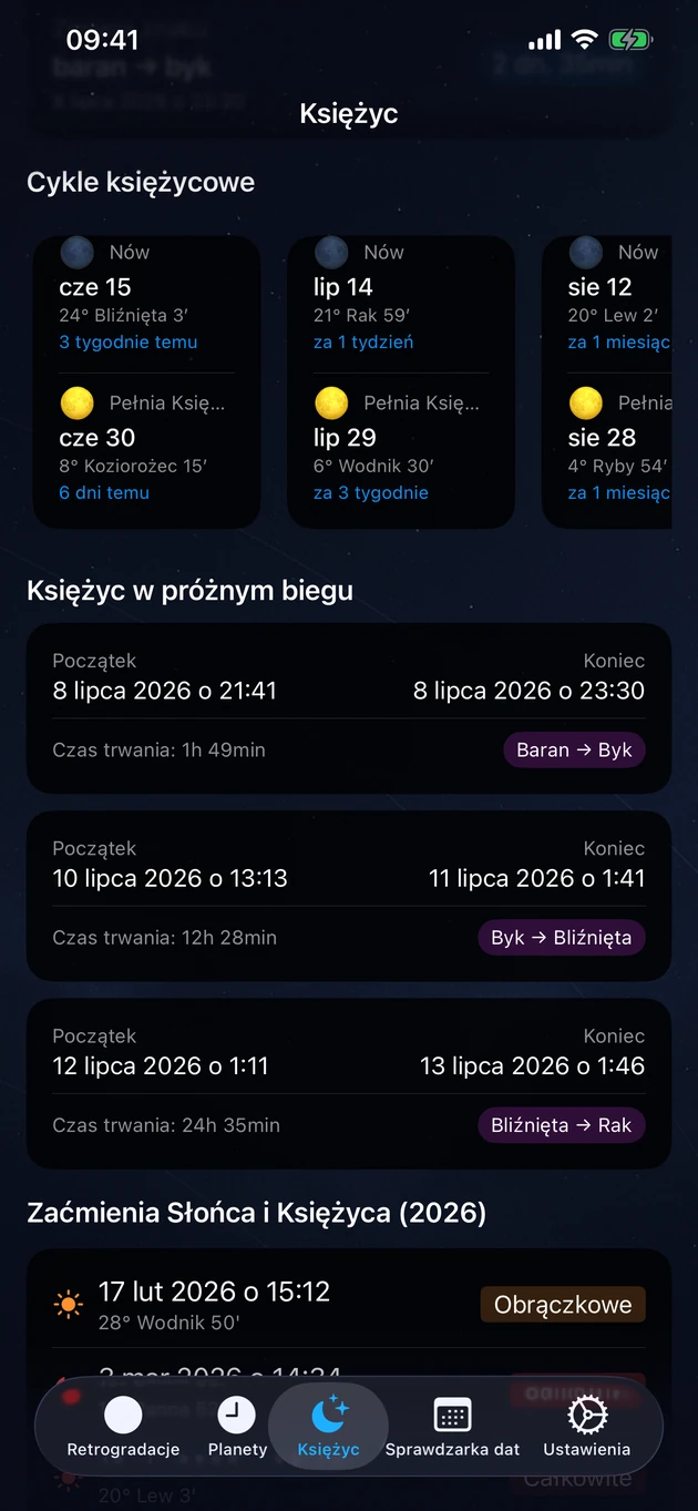 Nowie i pełnie, próżny bieg Księżyca oraz zaćmienia roku.