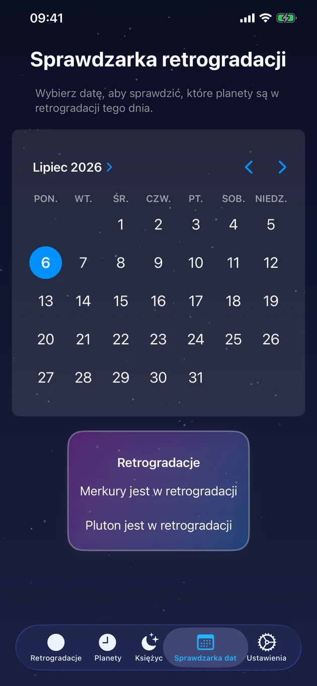Wybierz dzień i od razu zobacz, które planety są w retrogradacji.