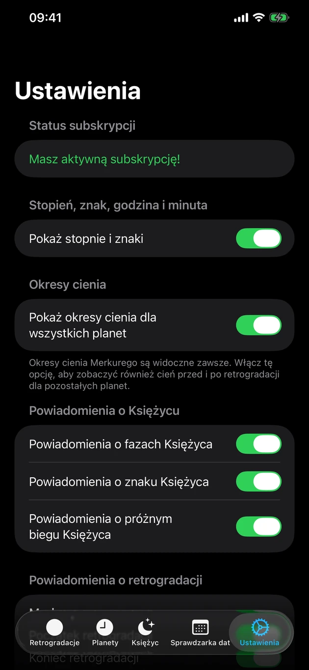 Powiadomienie, gdy retrogradacja się zaczyna lub kończy — i o zmianach Księżyca.