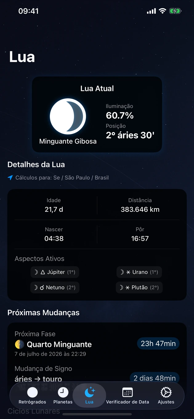 Fase, signo, iluminação e nascer e pôr — para a sua localização exata.