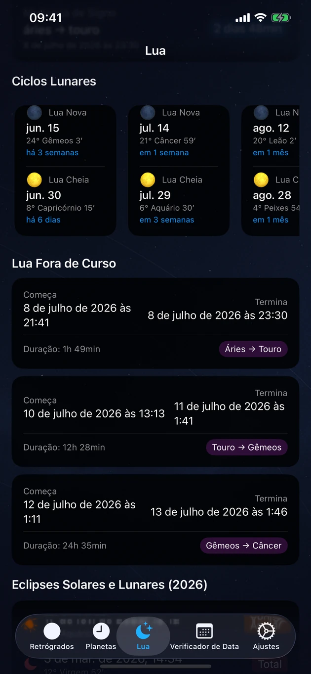 Luas novas e cheias, períodos fora de curso e os eclipses do ano.