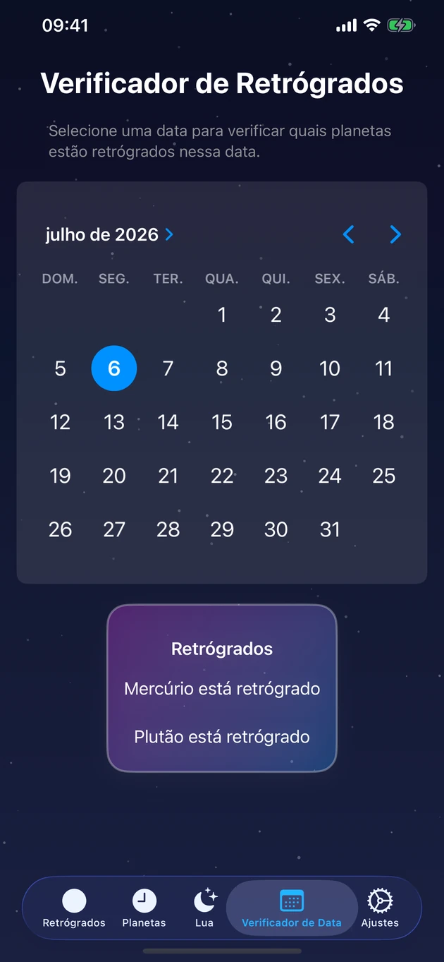 Escolha um dia e veja na hora quais planetas estão retrógrados.