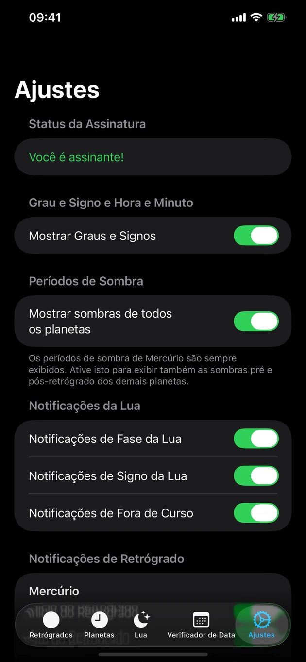 Seja avisado quando um retrógrado começa ou termina — e nas fases da Lua.